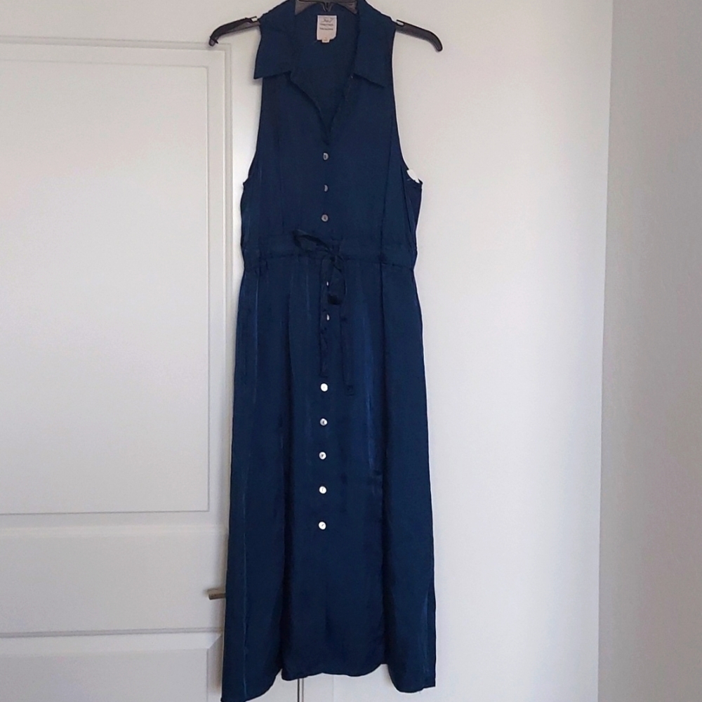 Cinq a Sept Collared Sleeveless Button Down Satin Navy Blue Dress